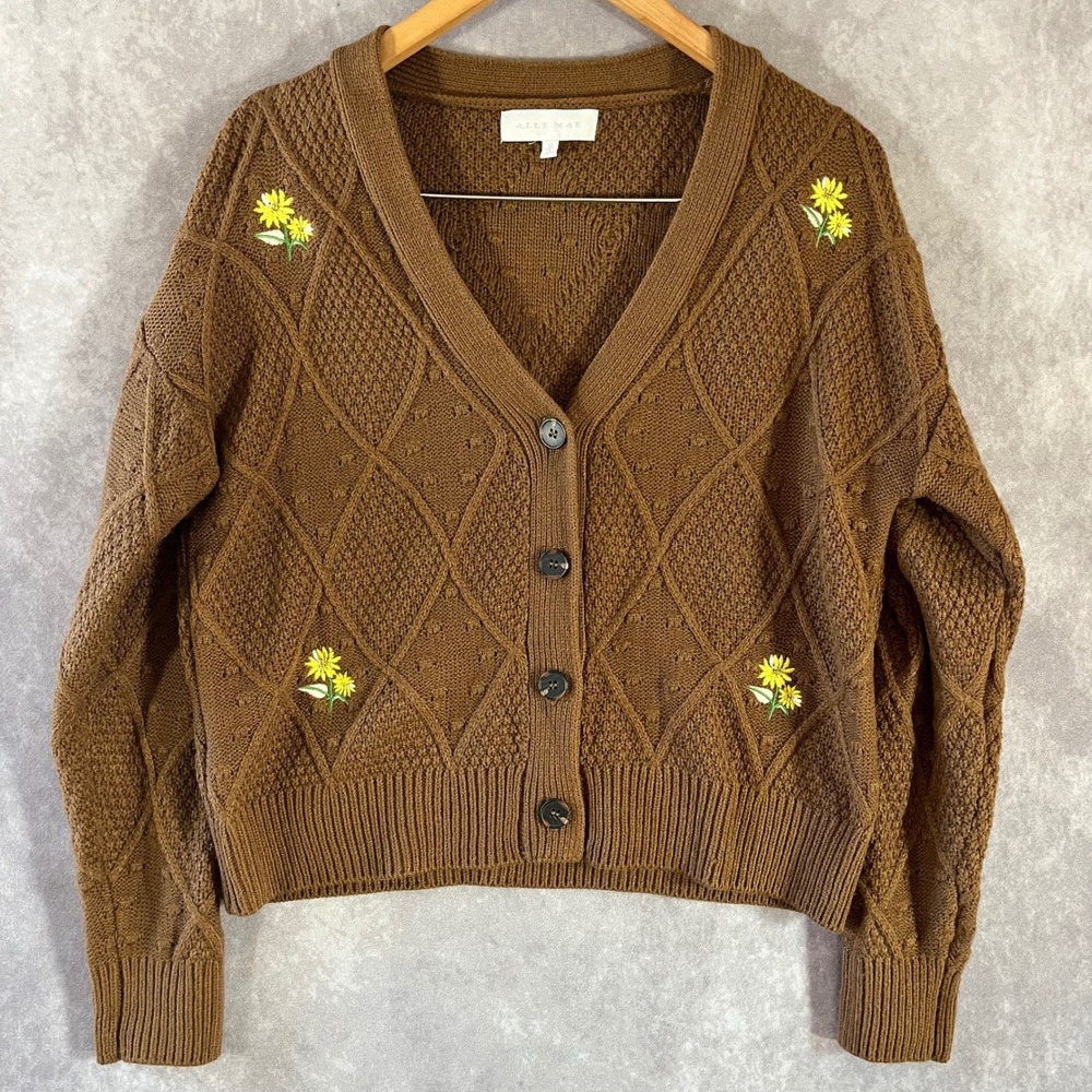 Ally Mae Cardigan Women Medium Brown Floral Embroidered Cable Knit Button Front